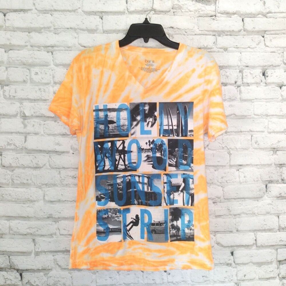 Bar III T Shirt Mens Small Orange Tie Dye Hollywood Sunset Strip Scene Graphic